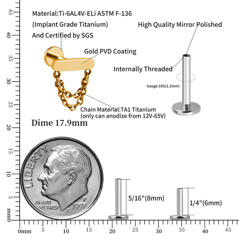 Desni veliki ASTM F136 dvostruki lančići od titana, naušnica s šipkom s kićankama, naušnica s unutarnjim navojem Helix hrskavica Tragus Monroe piercing