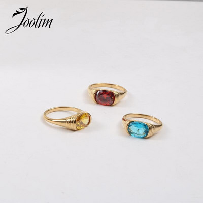 Joolim High End Gold PVD Waterproof Zircon Red Tourmaline Rings For Women Stainless Steel Jewelry Wholesale