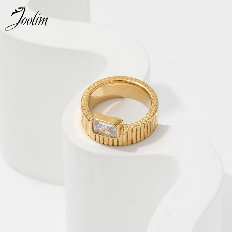Joolim kõrgekvaliteedilised kuldviimistlusega moekujulised ruudukujulised tsirkoonist hammasrataste rõngad veekindla disainiga naistele roostevabast terasest ehete hulgimüük