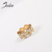 Joolim juvelierizstrādājumu augstākās klases zelta apdare, gatavi nosūtīšanai. Modes, plati, margrietiņu emaljas nerūsējošā tērauda pirkstu gredzeni sievietēm