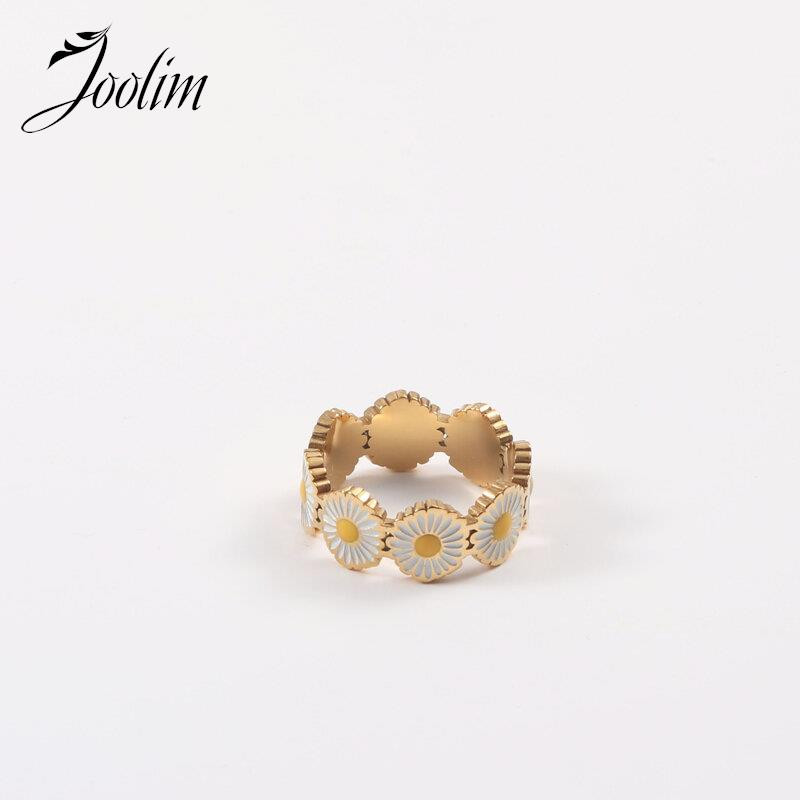 Joolim juvelierizstrādājumu augstākās klases zelta apdare, gatavi nosūtīšanai. Modes, plati, margrietiņu emaljas nerūsējošā tērauda pirkstu gredzeni sievietēm