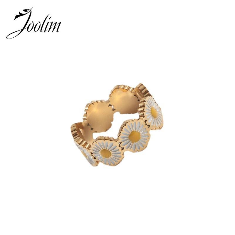 Joolim juvelierizstrādājumu augstākās klases zelta apdare, gatavi nosūtīšanai. Modes, plati, margrietiņu emaljas nerūsējošā tērauda pirkstu gredzeni sievietēm