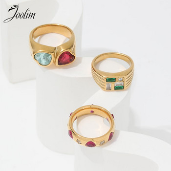 Joolim от висок клас златно покритие Водоустойчиви модни двуцветни пръстени със сърце с циркон Подарък за жени Бижута от неръждаема стомана на едро