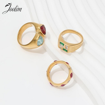 Joolim от висок клас златно покритие Водоустойчиви модни двуцветни пръстени със сърце с циркон Подарък за жени Бижута от неръждаема стомана на едро