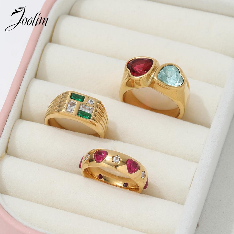 Joolim augstas klases zelta apdare ūdensizturīgs modes divu krāsu cirkona sirds gredzeni dāvana sievietēm nerūsējošā tērauda juvelierizstrādājumu vairumtirdzniecība