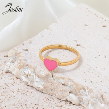 Joolim High End Gold Finish Tarnish Free Romantic Pink Love Heart Rings Trendy PVD покритие от неръждаема стомана бижута на едро