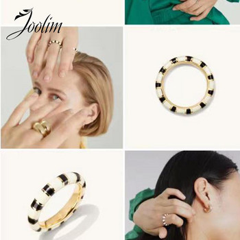 Joolim от висок клас златно покритие Водоустойчиви модни пръстени с черни и бели емайлирани райета от зебра Бижута от неръждаема стомана на едро
