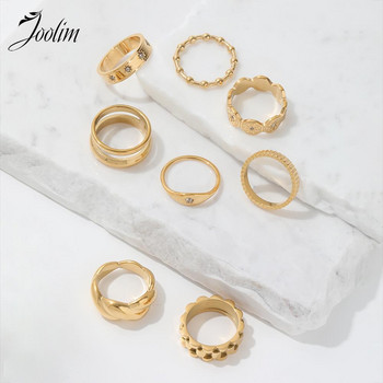 Joolim от висок клас златно покритие Водоустойчиви изискани петоъгълни пръстени с циркон Аксесоари за жени Бижута от неръждаема стомана на едро