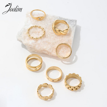 Joolim от висок клас златно покритие Водоустойчиви изискани петоъгълни пръстени с циркон Аксесоари за жени Бижута от неръждаема стомана на едро