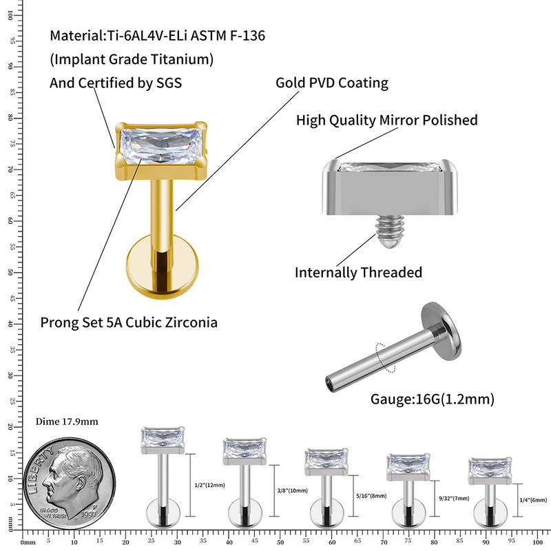 Right Grand ASTM F136 Titanium Baguette CZ Labret Flat Back Stud Naušnica Helix Hrskavica Tragus Lobe Piercing za uho
