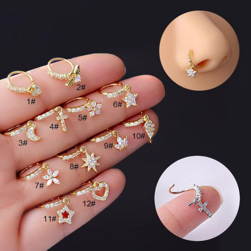 Mali prstenovi za nos od kirurškog čelika, srce, zvijezda, mjesec, sunce, cirkon, 20 g nakit za piercing za žene, muškarce, poklon