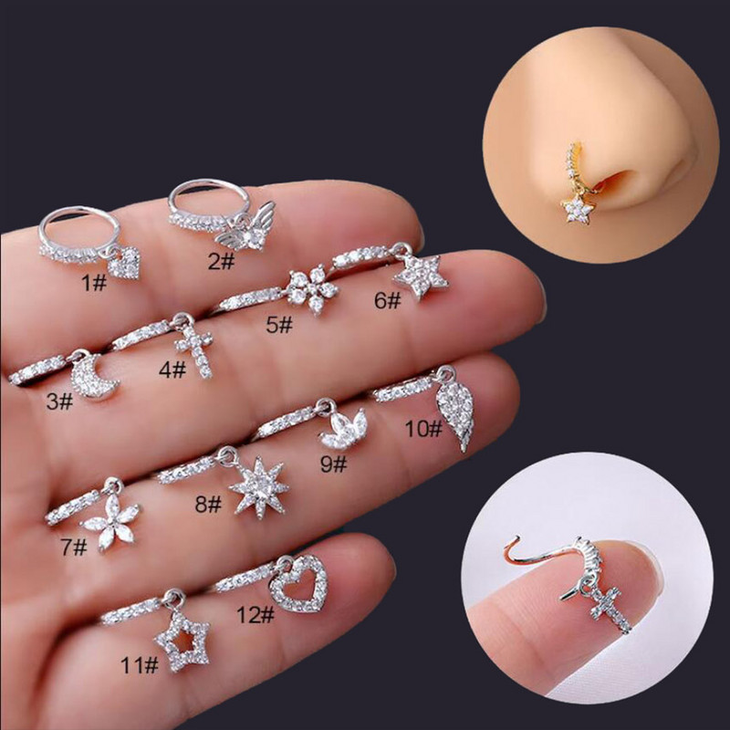 Mali prstenovi za nos od kirurškog čelika, srce, zvijezda, mjesec, sunce, cirkon, 20 g nakit za piercing za žene, muškarce, poklon