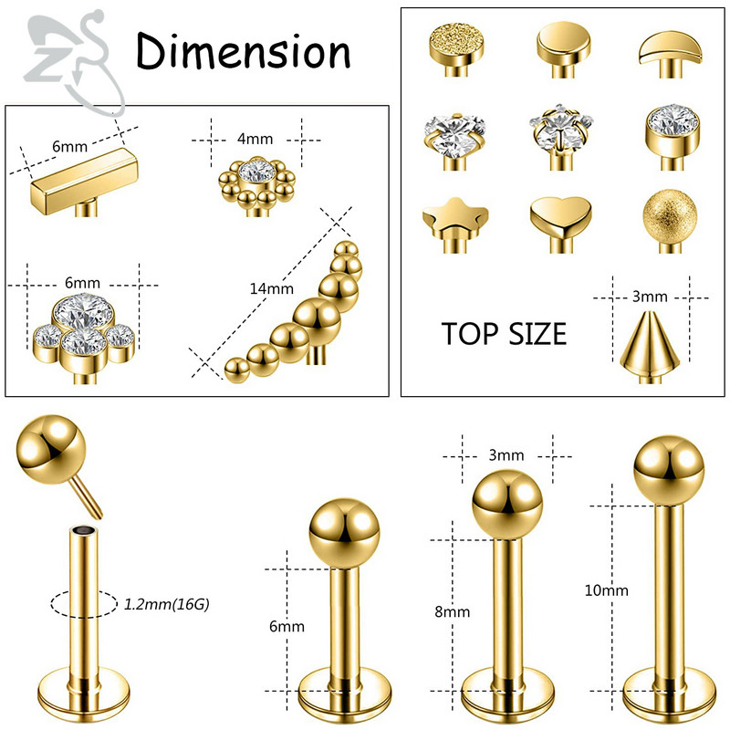 ZS 6-15 kom/lot Plug-in Style 316L nehrđajući čelik Piercing za usne Labret CZ Crystal Threadless Helix Conch Monroe piercing 6-12 MM