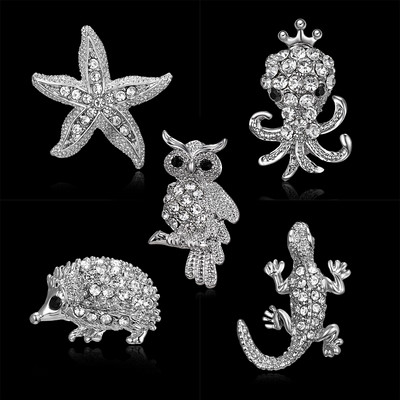 Rinhoo Retro Crystal Hõbeda värvi loomaprossid naistele Romantiline pulm Rhinestone Party Öökull Meritäht siil Pross Pin