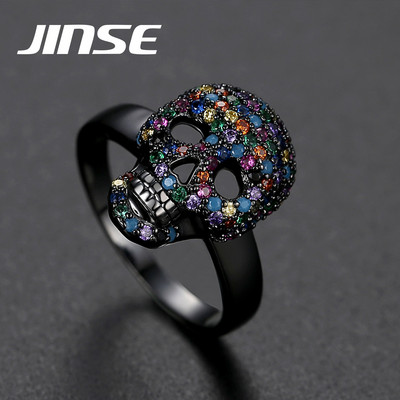 JINSE Punk Colorful CZ Skeleton Devil Ring Black White Bling Zircon Skull Face Iced Rings for Men Fashio Biker Hip Hop Jewelry
