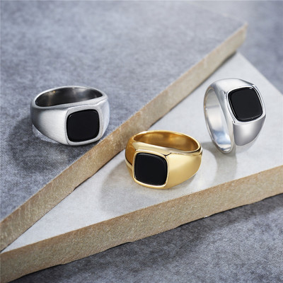 Ring for Men, Stainless Steel Square Signet Ring, Black Enamel Men`s Pinky Rings,Gents Jewelry Factory Wholesale Drop Shipping