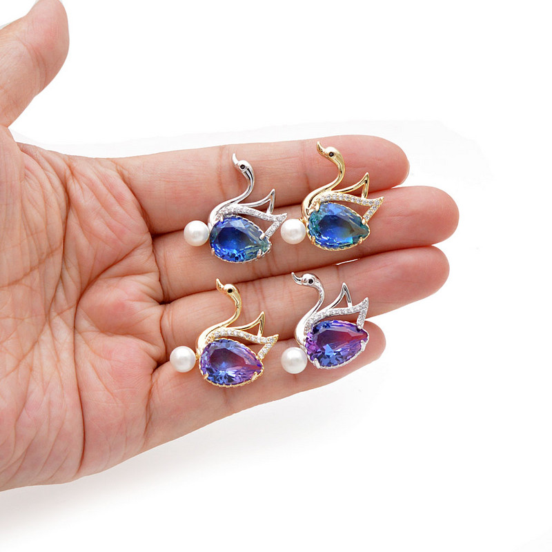 CINDY XIANG 4 krāsās, varavīksnes kubiskā cirkonija gulbja apkakle, piespraudes piespraude Unisex modes piespraudes uzvalks kāzu sakta dāvana