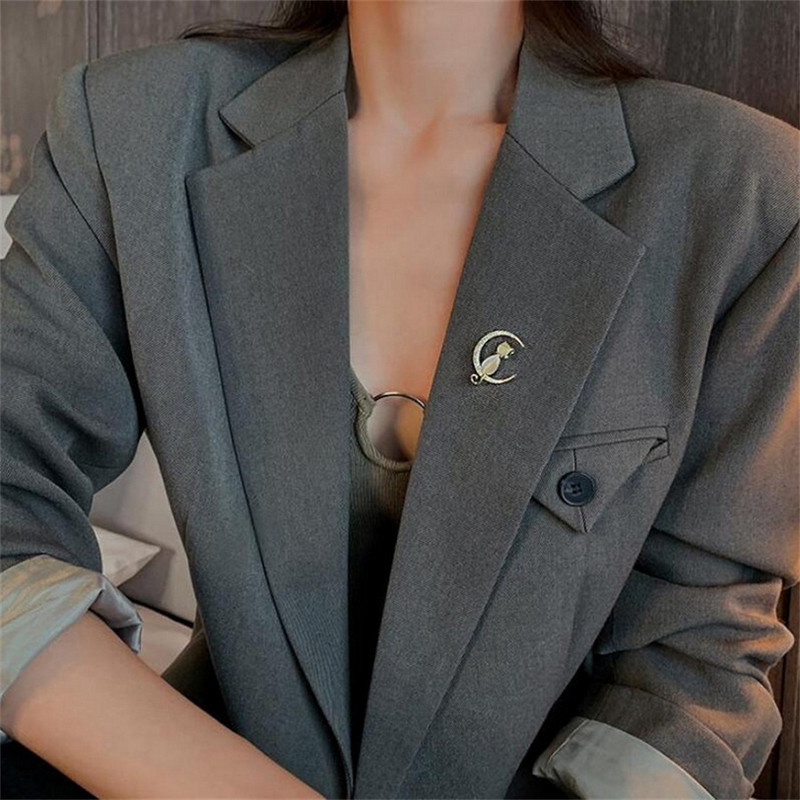 Rinhoo jauks elegants kaķis sēž uz mēness saktas sievietēm multfilma opāla akmens cirkons kaķēns dzīvnieks gadījuma ballīte korsāža dāvana