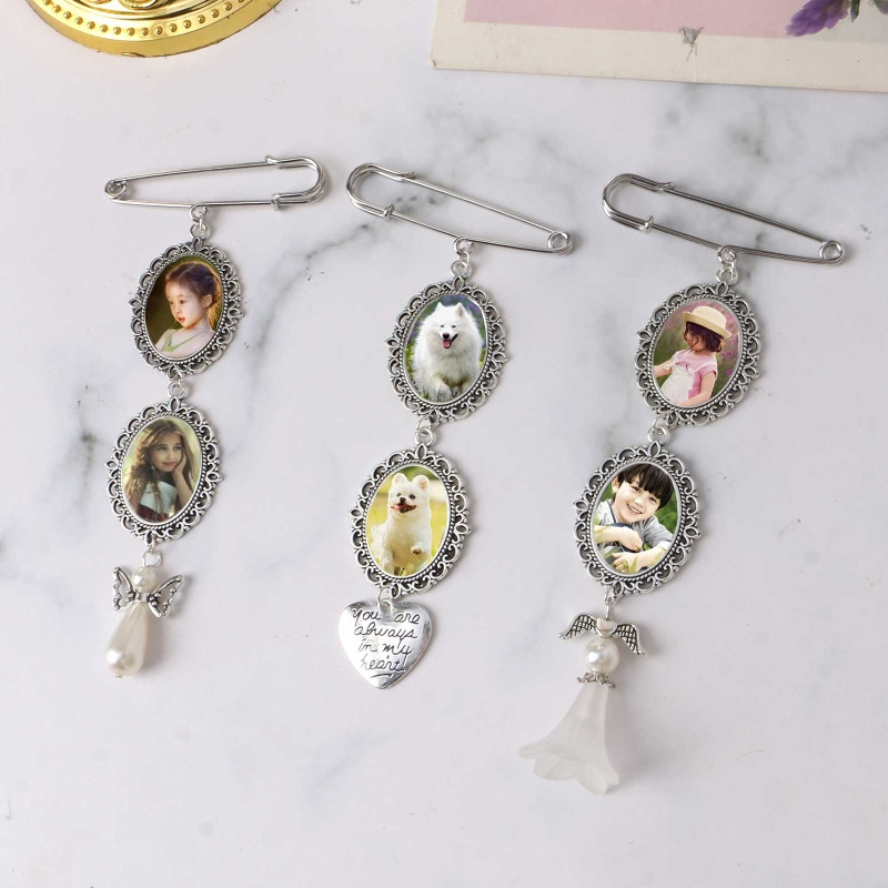 Ģimenes fotoattēlu dārgakmeņu turētājs piespraudes kulons, ovāls, dubultā kaskādes pušķa piespraude