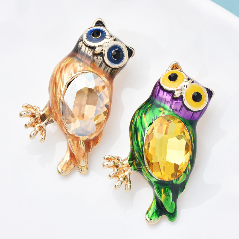 Wuli&baby slatki broševi sova dvobojni emajl vještački dijamant lijepe velike oči ptičja zabava ležerni broš pribadača darovi