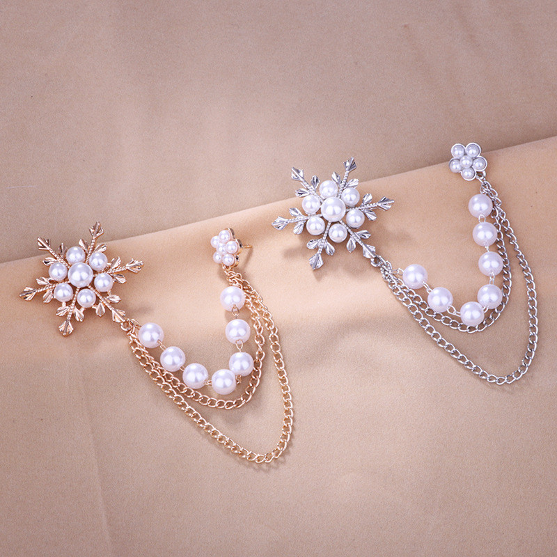 Jauna Metāla pērļu sniegpārsla sakta Pušķi Ķēde Korsāža Uzvalks Krekls Apkakles Piespraudes Modes Juvelierizstrādājumi Piespraudes sievietēm Aksesuāri