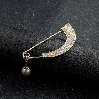 Проста брошка за жени Кристални кристали Извита перлена висулка Метална жилетка Игла за палто Шал Катарама Аксесоари Бижута Луксозни