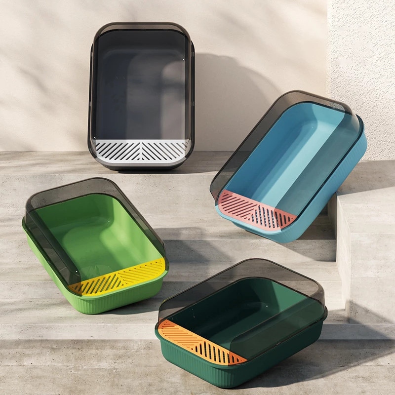 Lielas ietilpības kaķu pakaišu kaste Daļēji slēgta plastmasas smilšu kaste kaķiem Mājdzīvnieku tualetes piederumi kaķu paplātes tīrīšanai vannas izlietnes