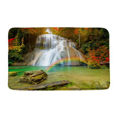 Zaļā meža ūdenskrituma ainava vannas paklājiņš Tropu džungļu augs sūnas ezera ainava atmiņas putas vannas istaba dušas paklājs virtuves paklājs