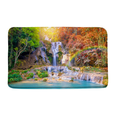 Zaļā meža ūdenskrituma ainava vannas paklājiņš Tropu džungļu augs sūnas ezera ainava atmiņas putas vannas istaba dušas paklājs virtuves paklājs