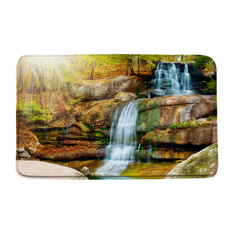 Zaļā meža ūdenskrituma ainava vannas paklājiņš Tropu džungļu augs sūnas ezera ainava atmiņas putas vannas istaba dušas paklājs virtuves paklājs