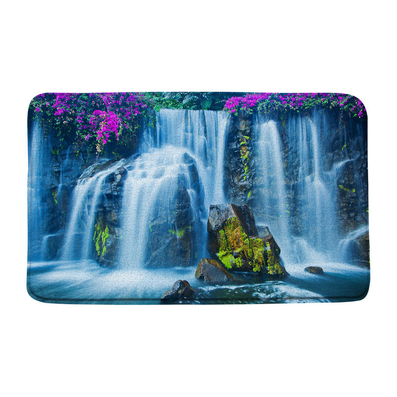 Zaļā meža ūdenskrituma ainava vannas paklājiņš Tropu džungļu augs sūnas ezera ainava atmiņas putas vannas istaba dušas paklājs virtuves paklājs