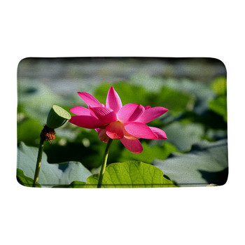 Καλοκαιρινό φυτό Λουλούδια Χαλάκια μπάνιου Ροζ Lotus Σκηνικό Πράσινα Φύλλα Floral Κήπος Διακόσμηση Μπάνιου Χαλί αντιολισθητικό πίσω Χαλάκι κουζίνας
