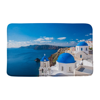 Пейзаж на остров Санторини Подложка за баня Неподправена от синя морска природа Цветя Туристическа сграда Килим за баня Подови килими Вътрешна изтривалка