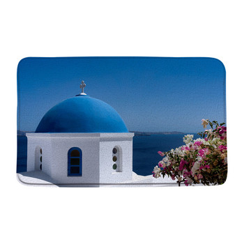 Пейзаж на остров Санторини Подложка за баня Неподправена от синя морска природа Цветя Туристическа сграда Килим за баня Подови килими Вътрешна изтривалка