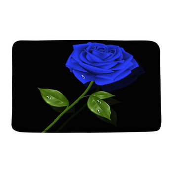 Синя роза Зелени листа Постелка за баня Акварел Цветя Флорална роса Вода Килим за баня Неплъзгаща се фланела Вътрешна външна изтривалка Килим