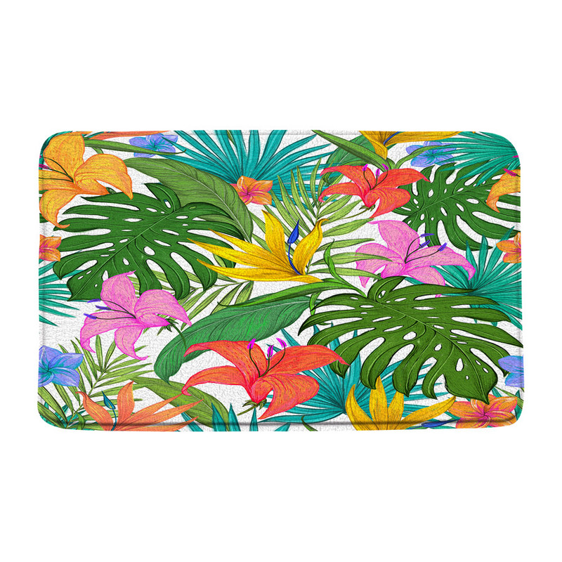 Tropsko lišće, cvijet, prostirka za kupaonicu, zelena biljka, cvjetni krajolik, palma, čudovište, akvarel, neklizajući tepih za kupaonicu, kuhinjski ulazni tepisi