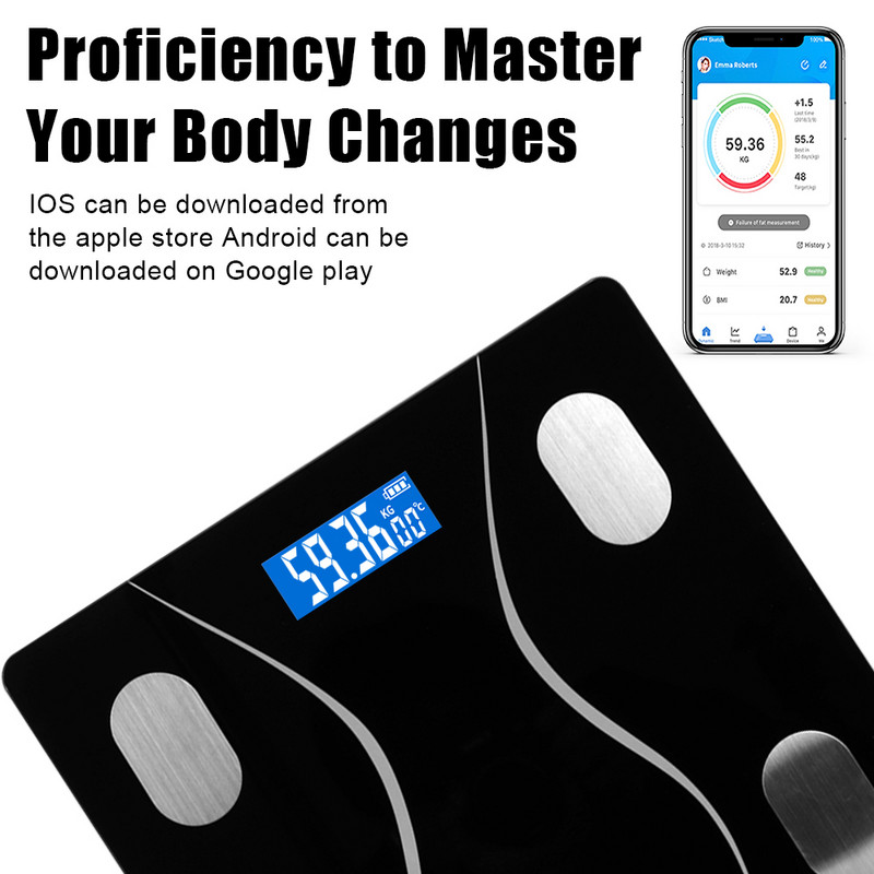 Bluetooth lietotne ĶMI ķermeņa sastāva analizators ķermeņa tauku svari elektroniskie svari svēršanas svari digitālie vannas istabas svari LCD displejs