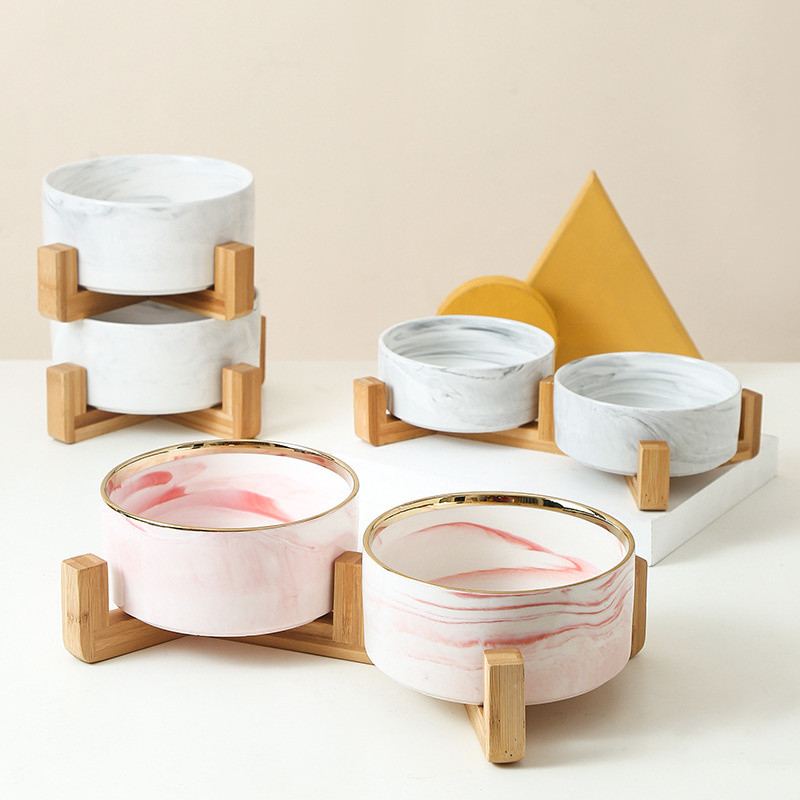Mramorna keramička zdjelica za pse Zdjelice za mačju hranu i vodu Posuda s drvenim stalkom Teška hranilica za kućne ljubimce za velike mačke s ravnim licem, štence