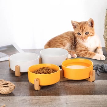 Κεραμικό πιάτο για κατοικίδια με ξύλινη βάση χωρίς χυμένα κατοικίδια Κεραμικό διπλό μπολ για σκύλους γάτες Τροφή για σκύλους Τροφή νερού για γάτες Μικρά σκυλιά Μπολ για κατοικίδια