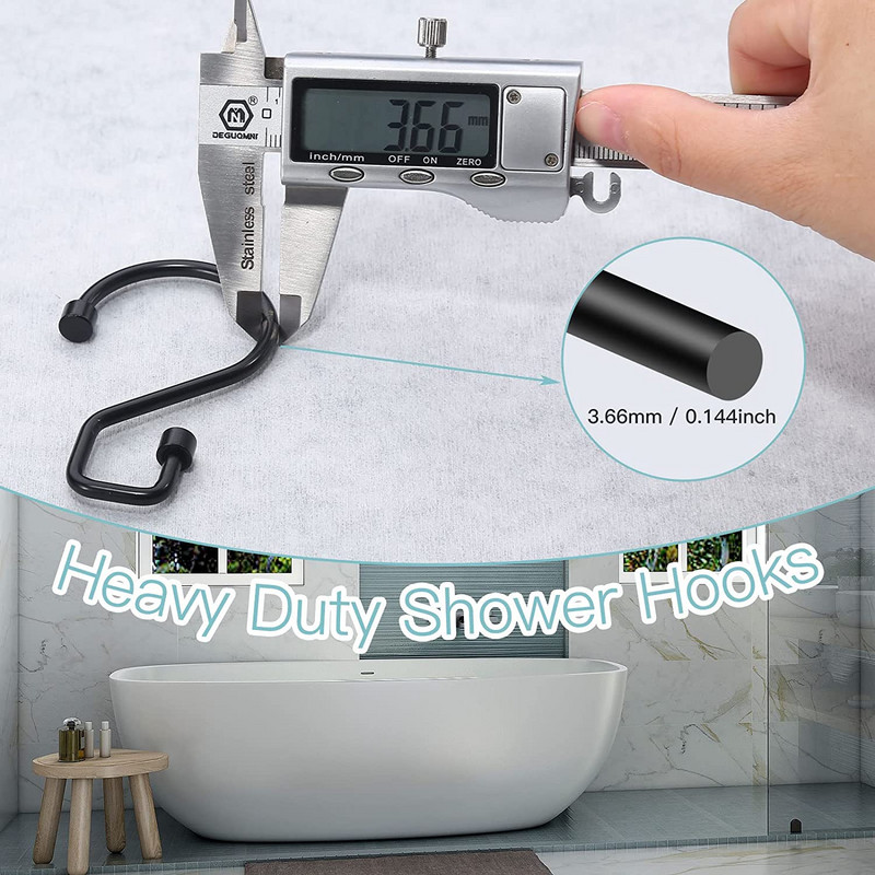 Goowin dušas aizkaru āķi, 12 gab S formas dušas aizkaru gredzeni, nerūsējoši melni dušas aizkaru gredzeni, daudzfunkcionāla duša