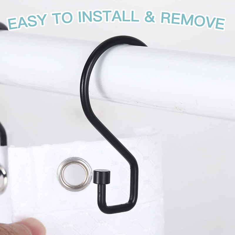 Goowin dušas aizkaru āķi, 12 gab S formas dušas aizkaru gredzeni, nerūsējoši melni dušas aizkaru gredzeni, daudzfunkcionāla duša