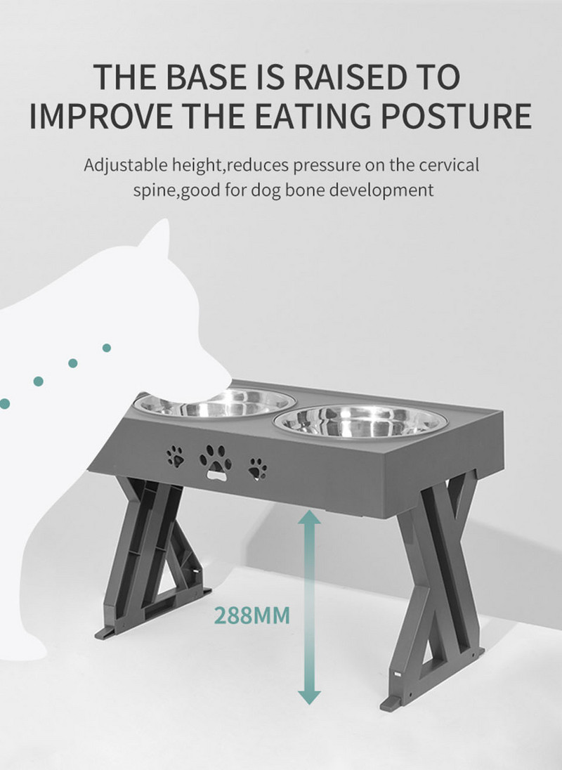 Suņiem dubultā bļoda ar regulējamu augstumu, paaugstināts kaķu barības trauks ar paceļamu galdu suņu ūdens padevējam nerūsējošā tērauda