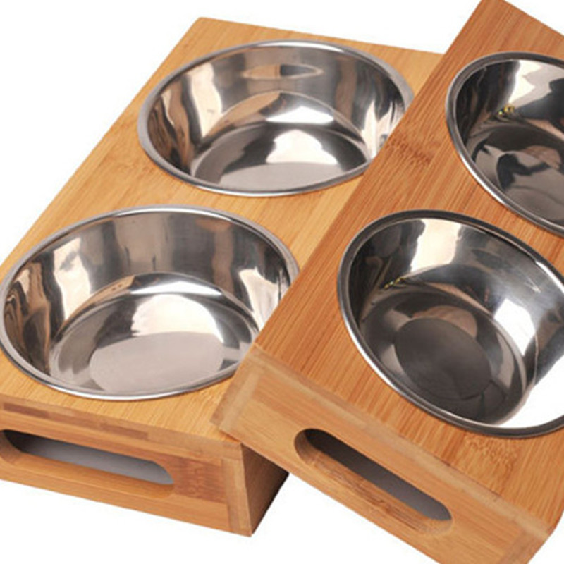 Lolojumdzīvnieku kaķu bļoda lāča bambusa šķīvja dubultā bļoda Dabīga, izturīga koka nerūsējošā tērauda kaķa suņa lietderības dubultā bļoda