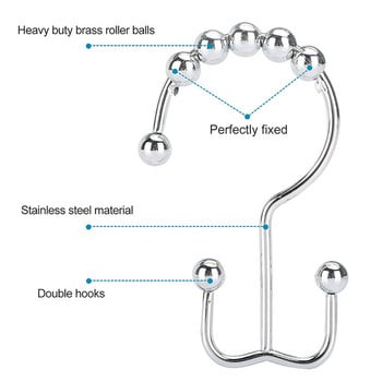 12 τμχ Γάντζοι κουρτινών Κουρτίνες μπάνιου Rollerball Ντους με ολίσθηση δαχτυλίδια από ανοξείδωτο ατσάλι Στήριγμα οροφής ντουζιέρας με γάντζο ράβδου πέντε μπάλες