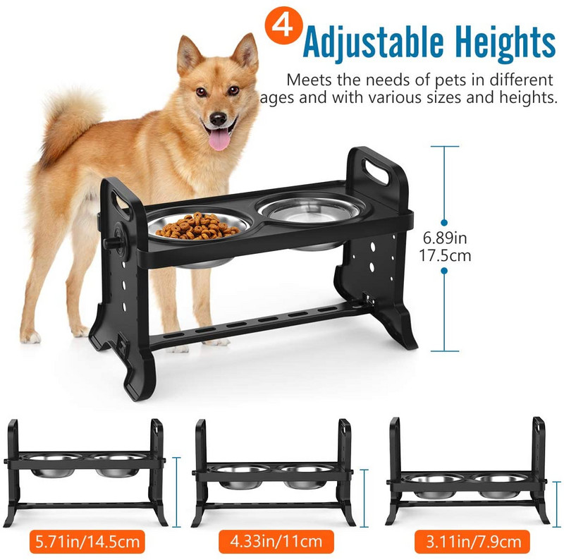 ATUBAN podesive povišene zdjele za pse, 4 podesive visine za pse, mačke, podignute hranilice s dvostrukim posudama od nehrđajućeg čelika, posuda za pse