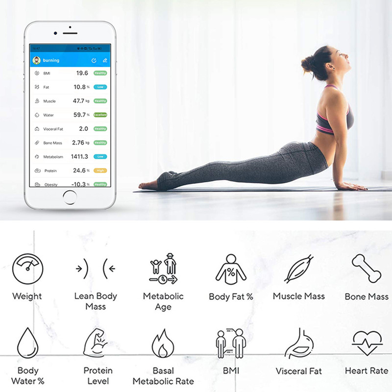Vaga za tjelesnu masnoću Pametna vaga za BMI Digitalna kupaonska vaga za težinu Analizator sastava tijela s aplikacijom za pametni telefon Sinkronizacija s Bluetoothom