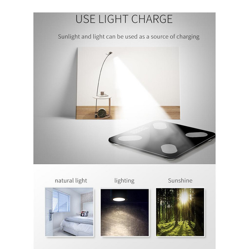 Svarstyklės saulės energija suderinama su Bluetooth 4 0 Kūno riebalų svarstyklės Elektroninės svarstyklės LCD ekranas Baltas