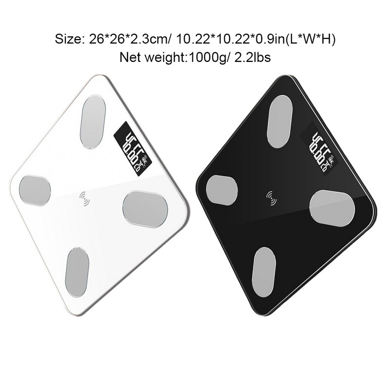 Svarstyklės saulės energija suderinama su Bluetooth 4 0 Kūno riebalų svarstyklės Elektroninės svarstyklės LCD ekranas Baltas