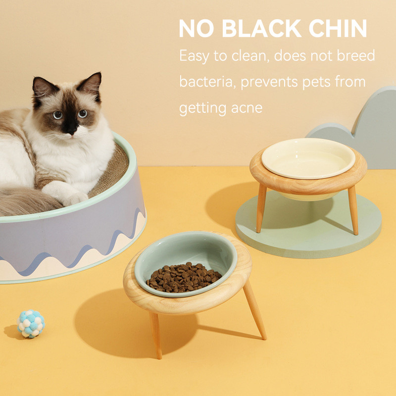 800 ml kaķu barības ūdens bļoda ar koka statīvu maziem vidējiem suņiem paaugstinātā dzeramā ēšanas barotava mājdzīvnieku keramikas barošanas piederumi