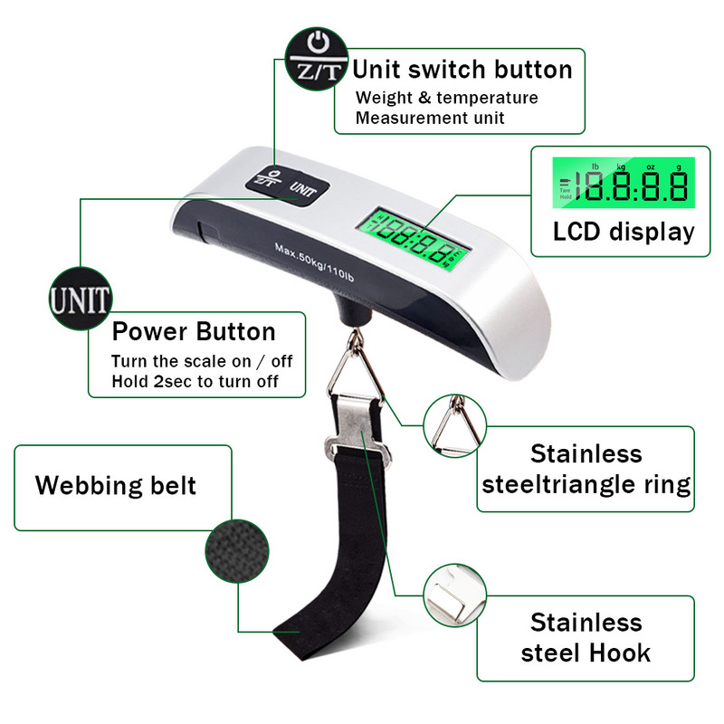 50 kg/110 svarų nešiojamos elektroninės rankinio bagažo svarstyklės LCD skaitmeninis ekranas Balanso svarstyklės lagaminas Kelionės sveria bagažo svorio įrankis